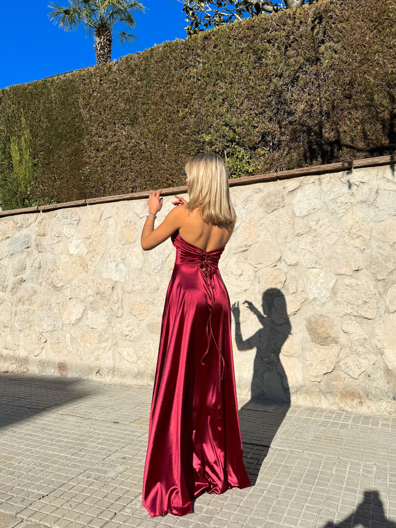 Burgundy satin strapless dress