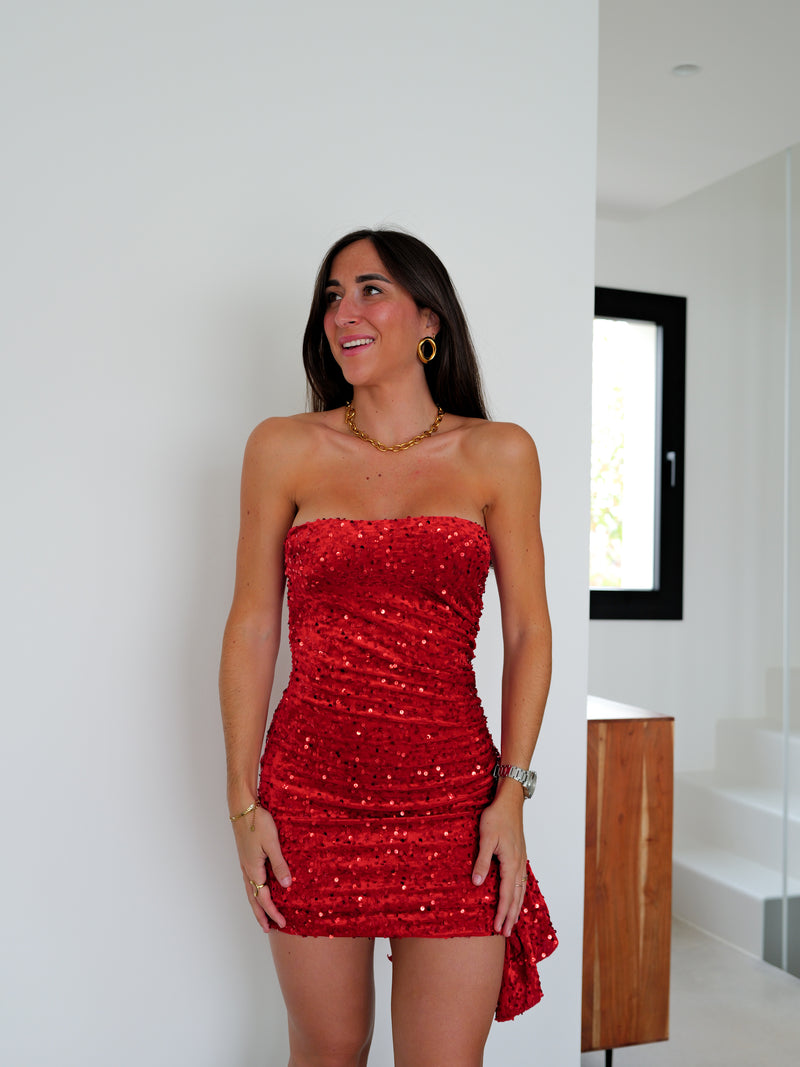 Red velvet ruffle glitter dress