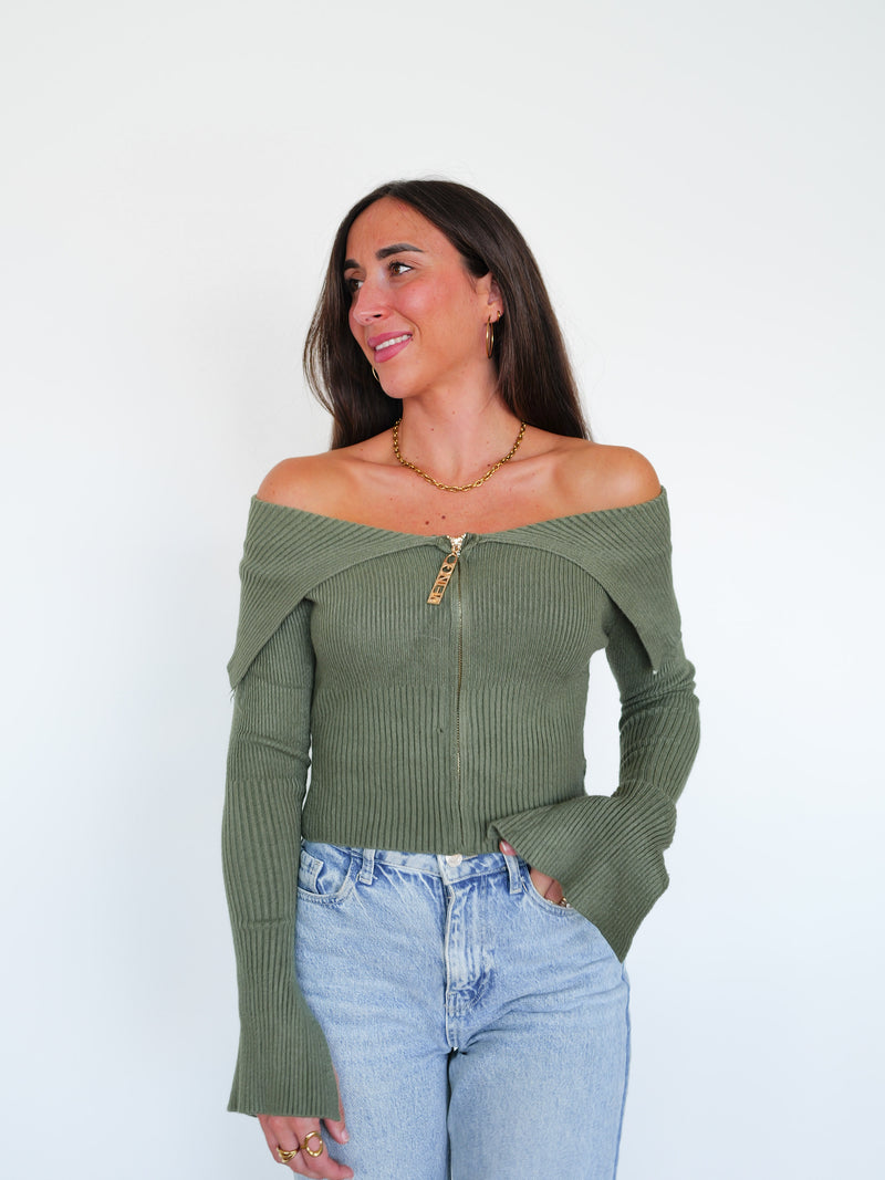 Khaki ribbed zipper boat sweater