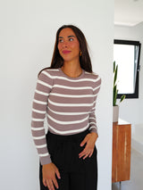 Striped sleeves ribbed sweater ecru