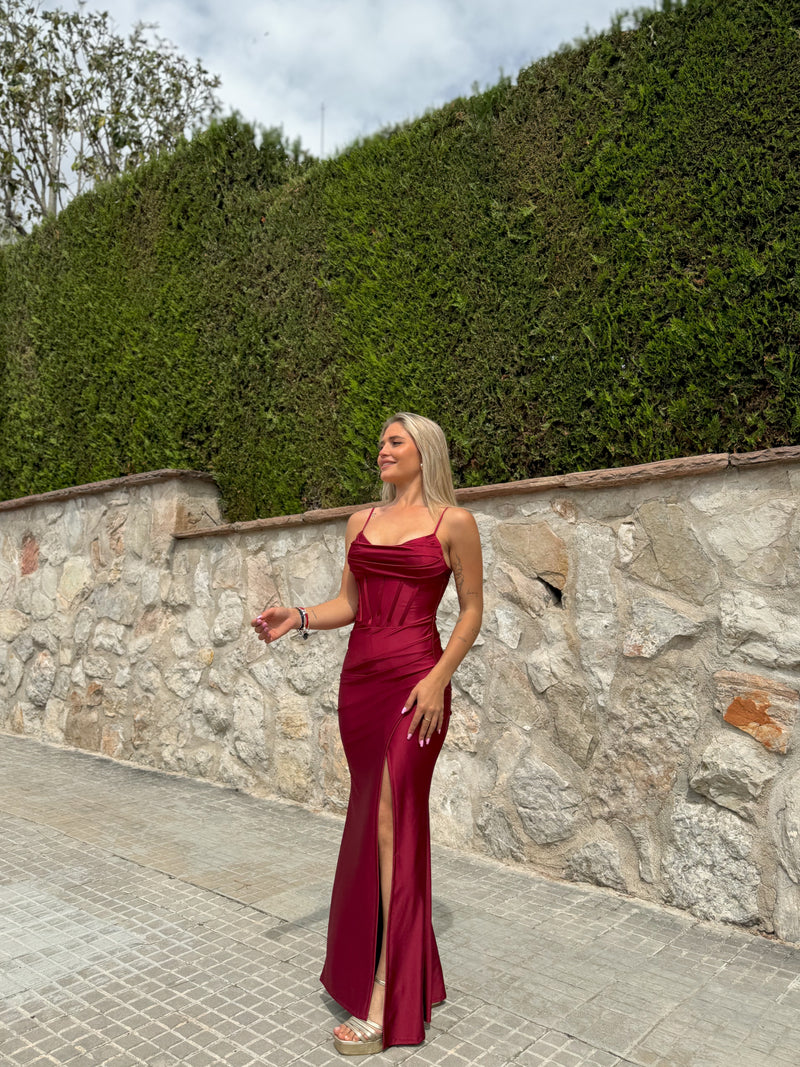 Corset satin long dress burgundy