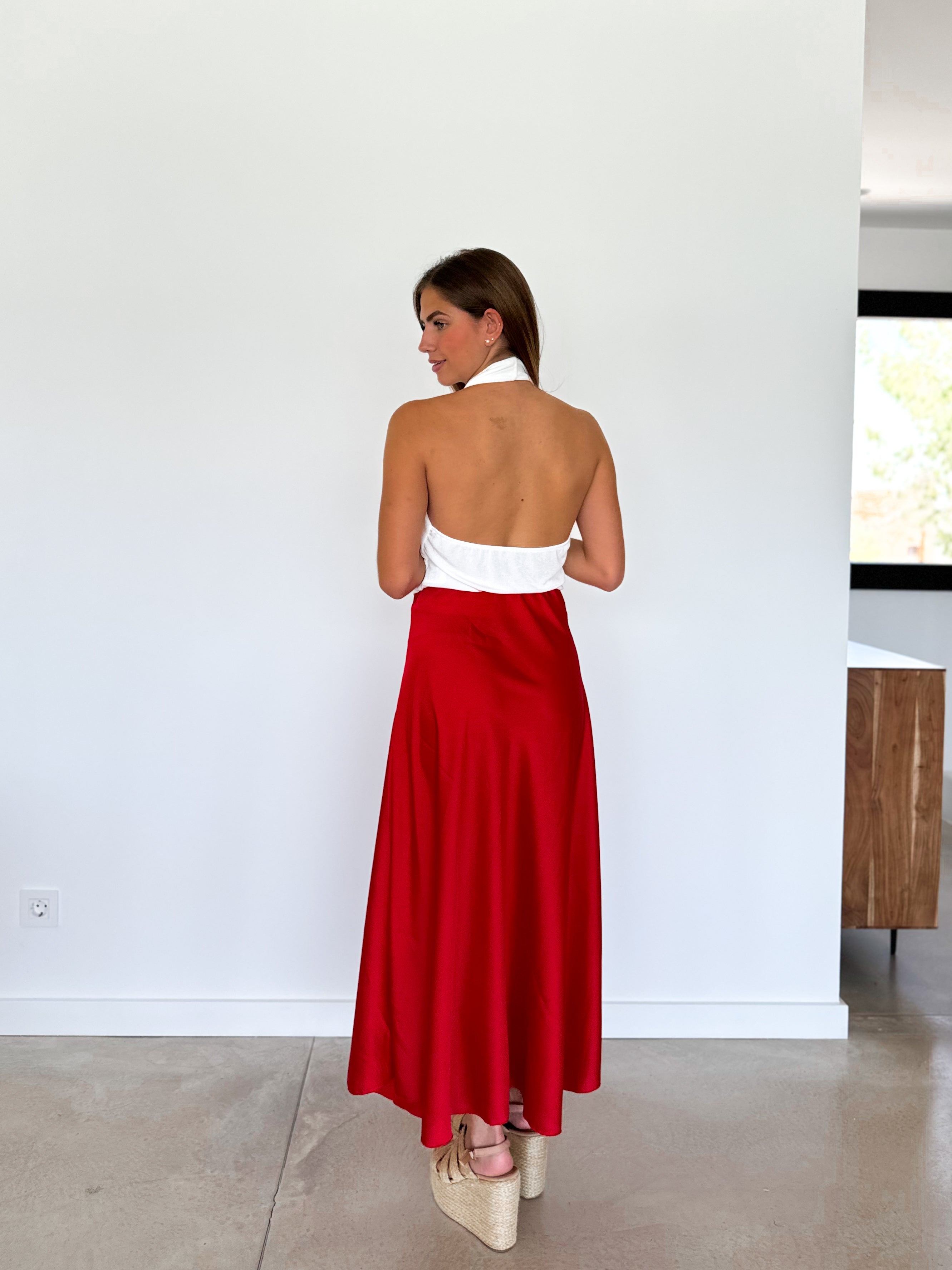 Red satin midi skirt