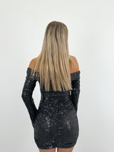 Black glitter bardot dress