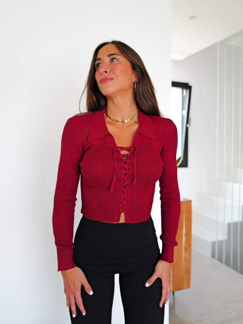 Burgundy ribbed V-neck sweater