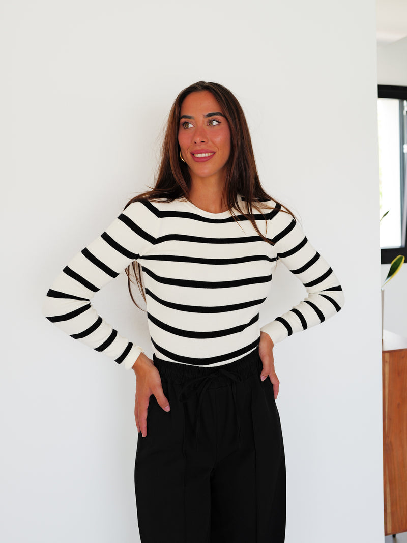 White striped ribbed sleeve sweater