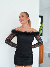 Mini dress black feather lace bardot