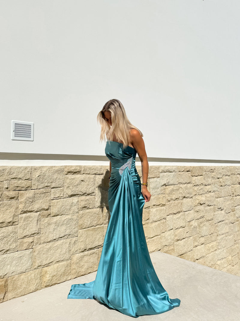 Turquoise dress with turquoise rhinestone drop