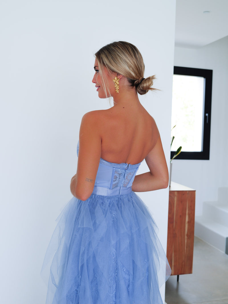 Corset dress lace ruffles blue