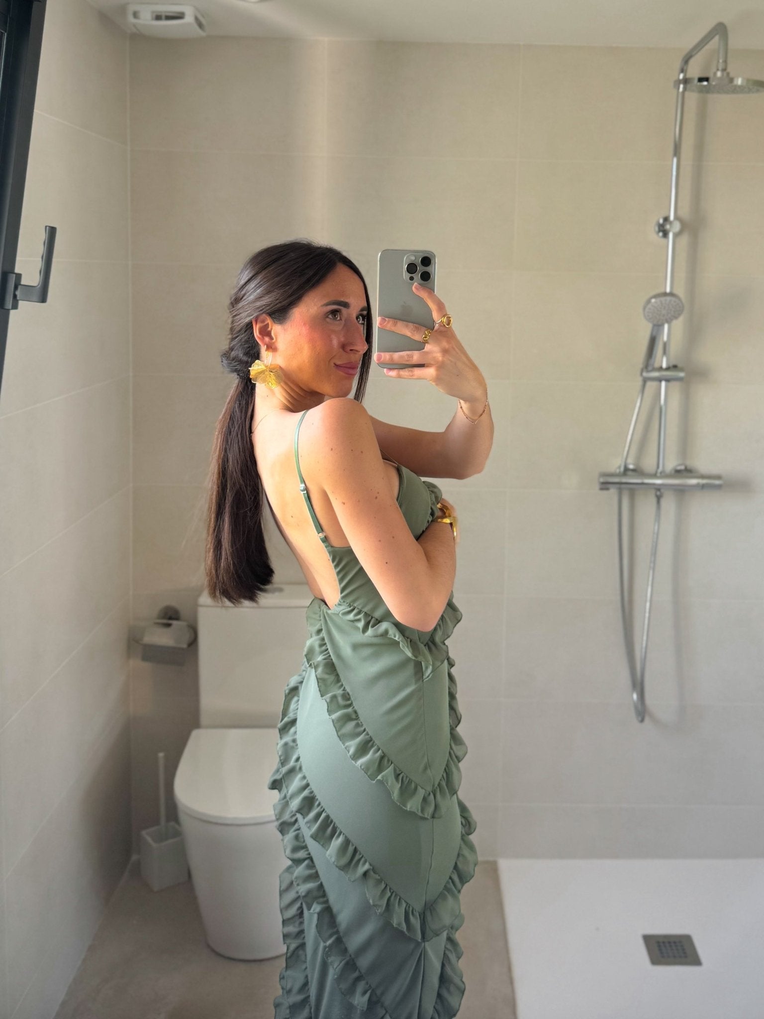 Khaki crepe ruffle dress - SORELLAS