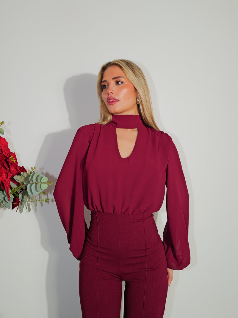 Burgundy tulle tie sleeves jumpsuit