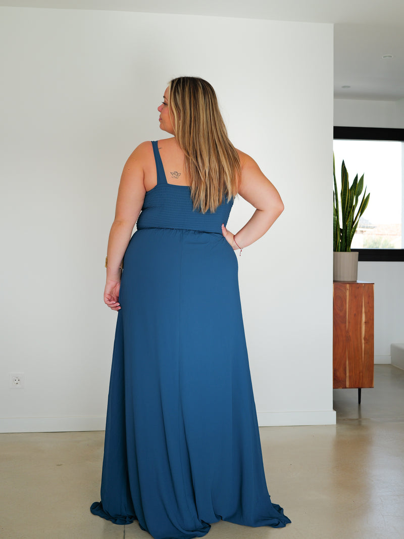 Long dress with draped v-neckline