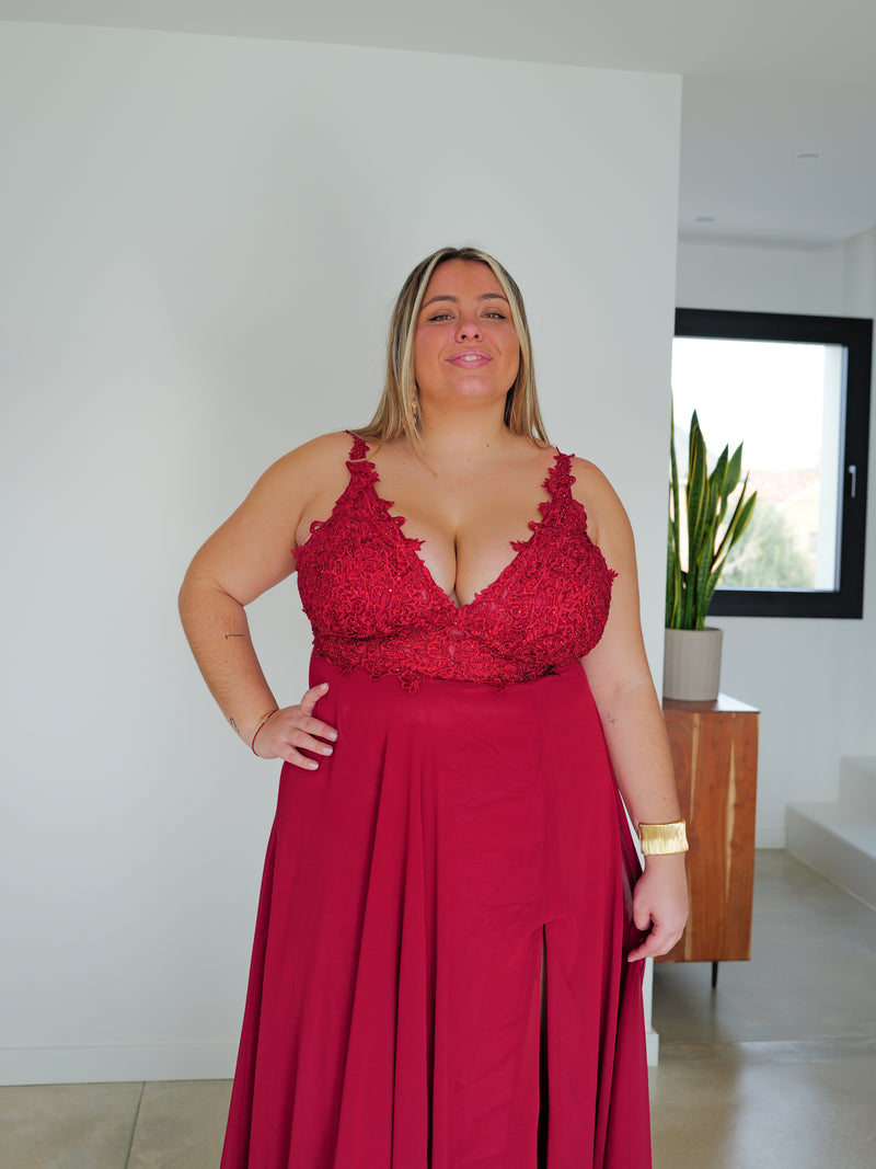 Long dress with burgundy rhinestones V neckline