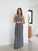 Lurex halter silver oval dress