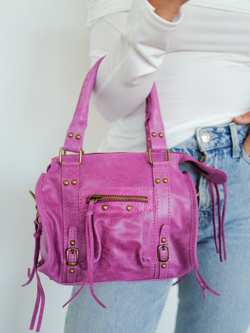 Pink matte leather buckles bag