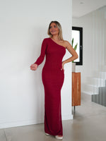 Long asymmetric red lurex dress