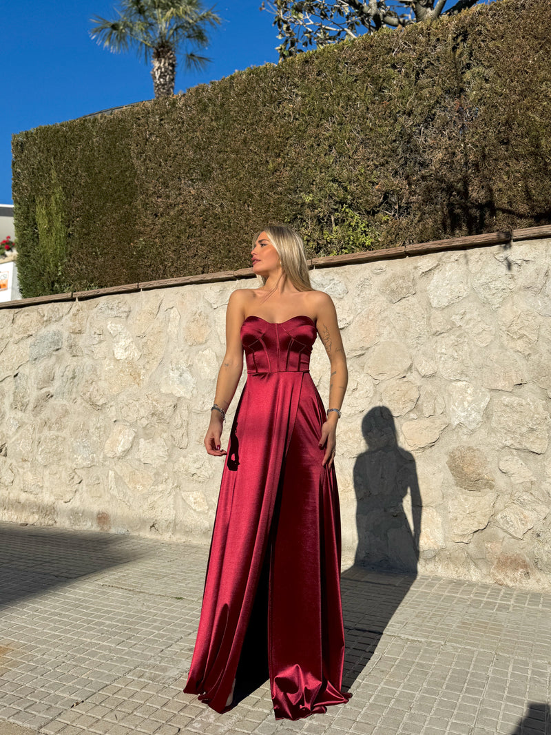 Burgundy satin strapless dress