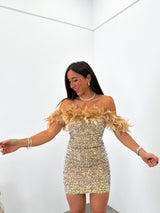 Mini feather glitter beige dress