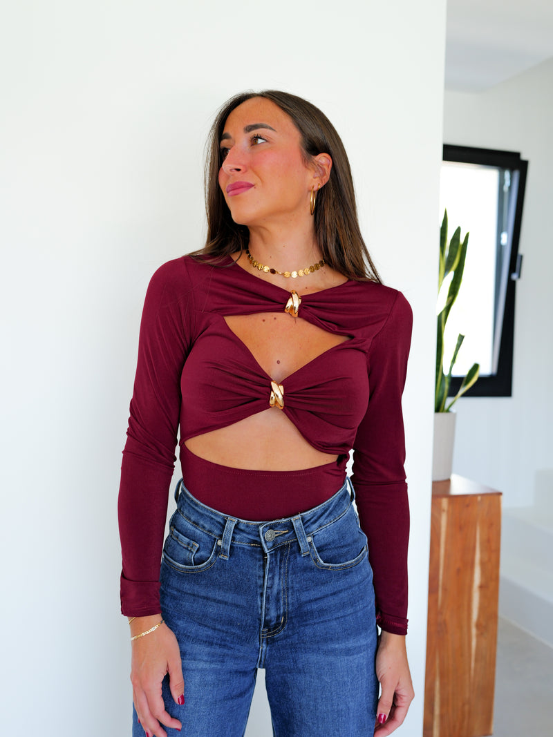 Bodysuit sleeve slit detail burgundy