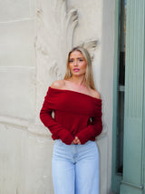 Bardot sweater with wine sleeves