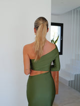 Olive sleeve dress with asymmetrical slit