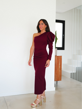 Asym midi dress burgundy puffed sleeves