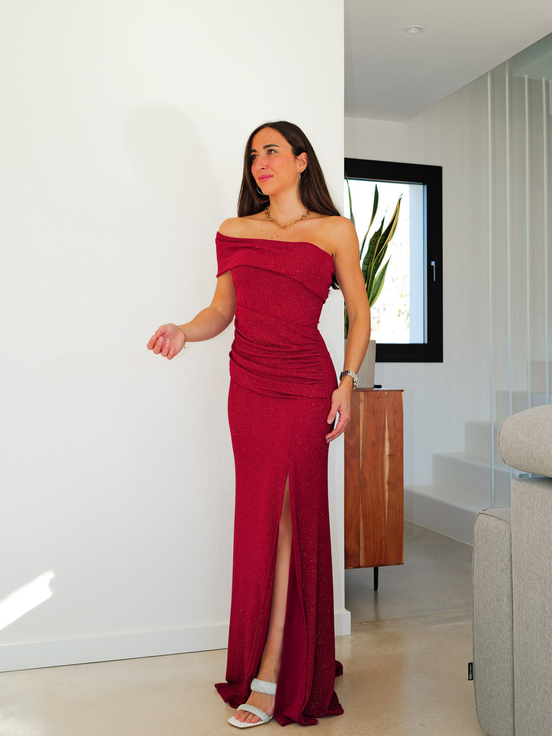 Asym lurex bardot burgundy dress