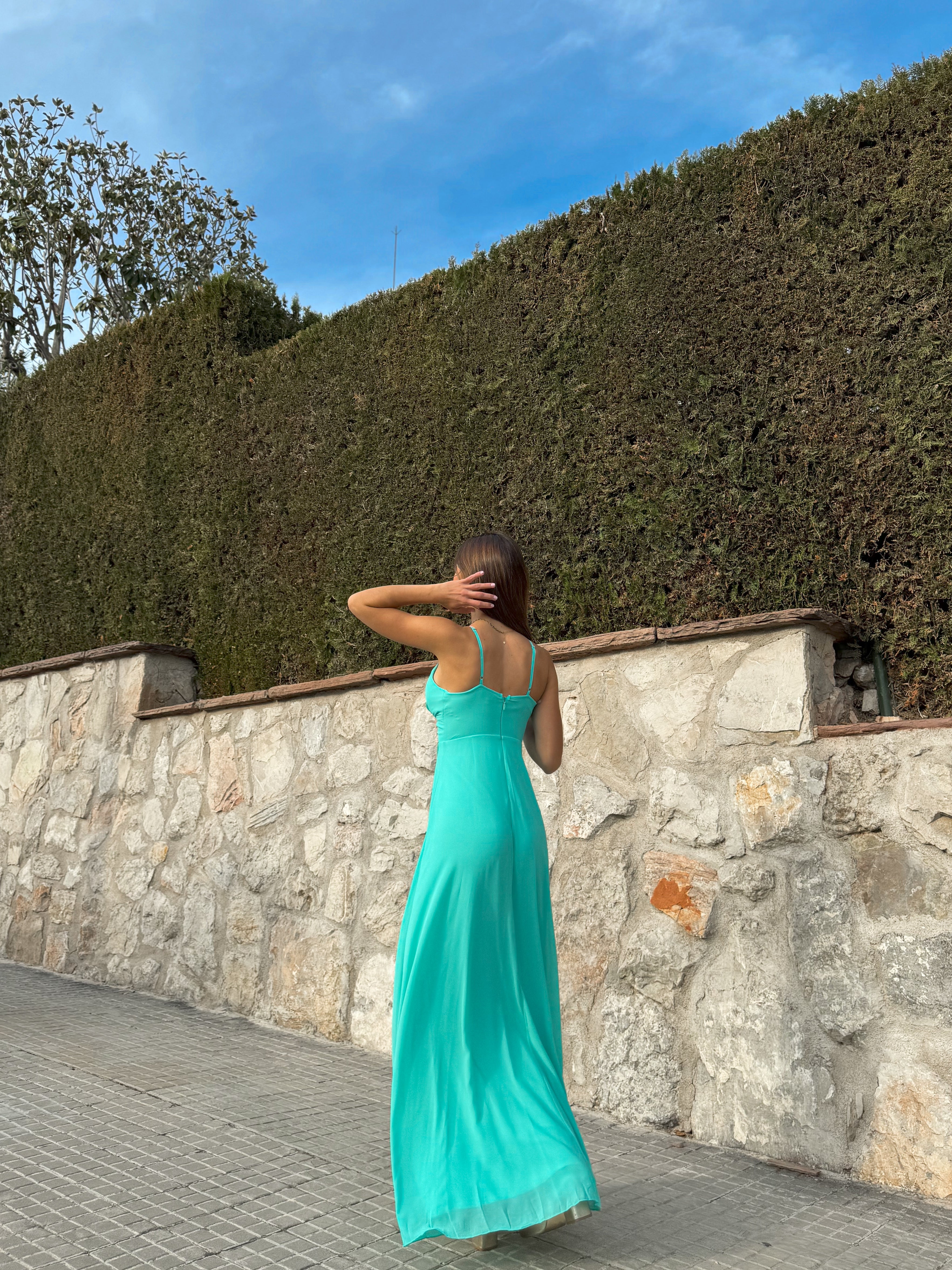 Turquoise crepe peak dress