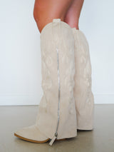 Beige embroidered suede flap boot