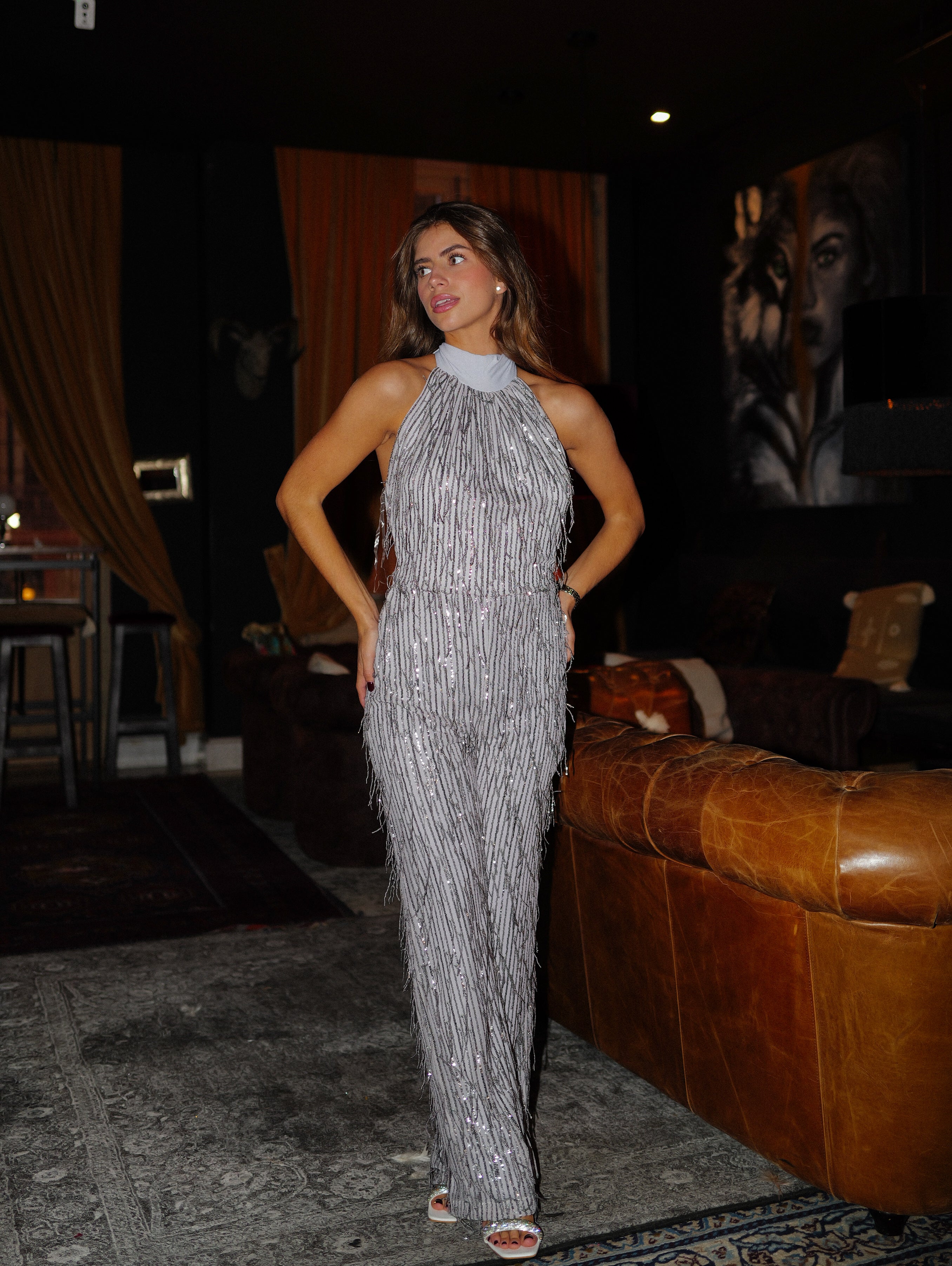 Halter jumpsuit silver fringed rhinestones