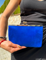 Blue fringed suede clutch