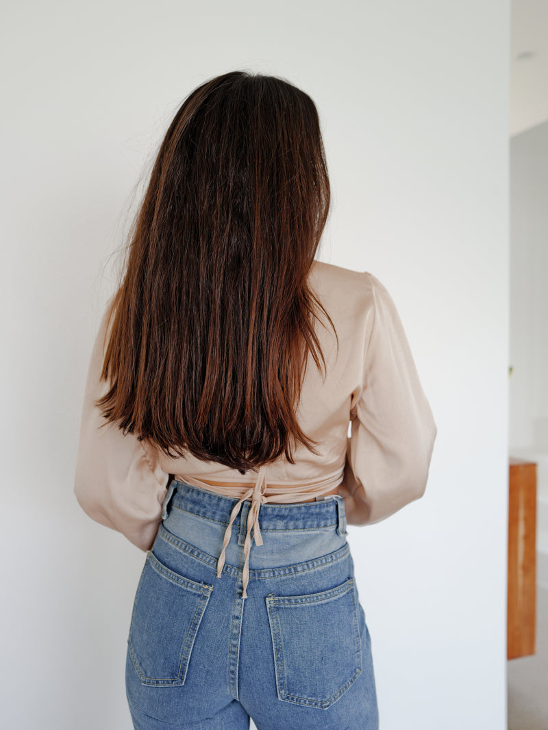 Beige satin cross over blouse