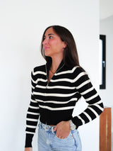 Black striped ribbed zipper sweater