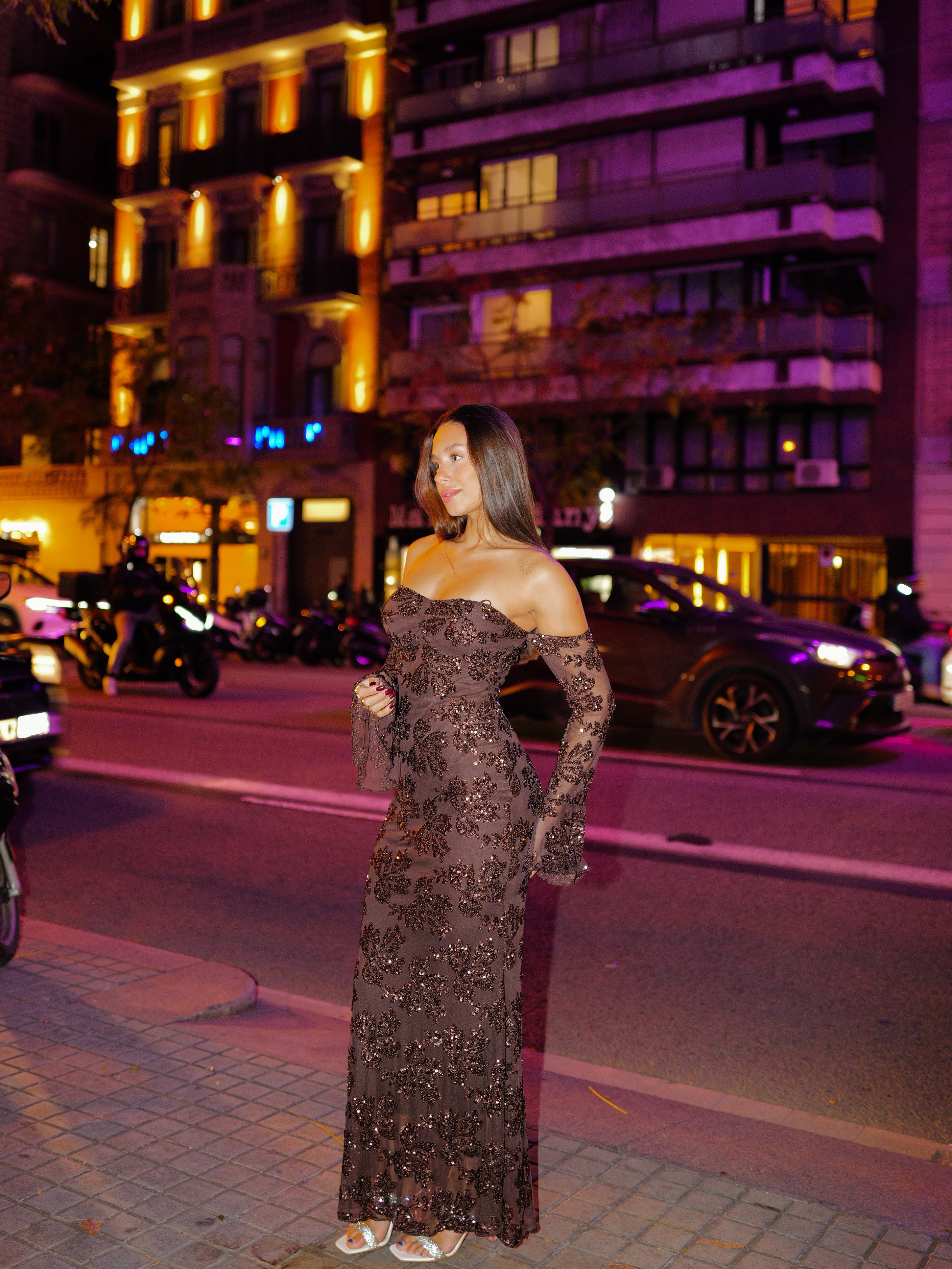 Heart sleeve dress with chocolate tulle details