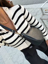 Beige striped ribbed zipper sweater