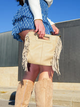 Beige fringed smooth leather bag