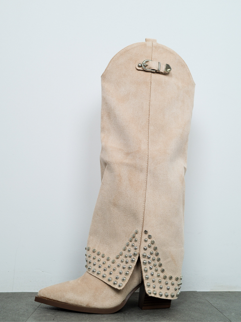 Ivory suede flap heel boot