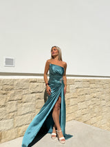 Turquoise dress with turquoise rhinestone drop