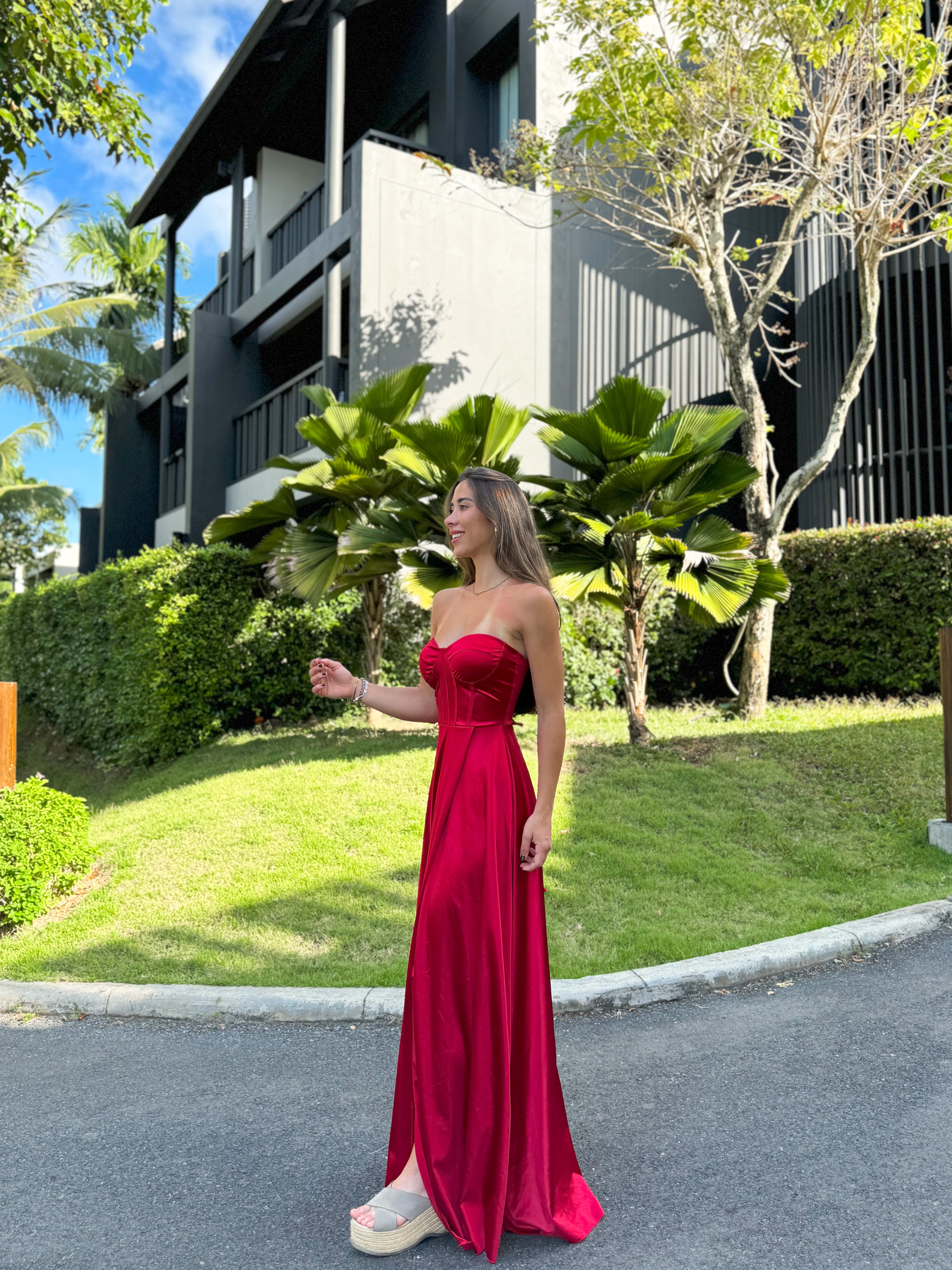 Red satin strapless dress