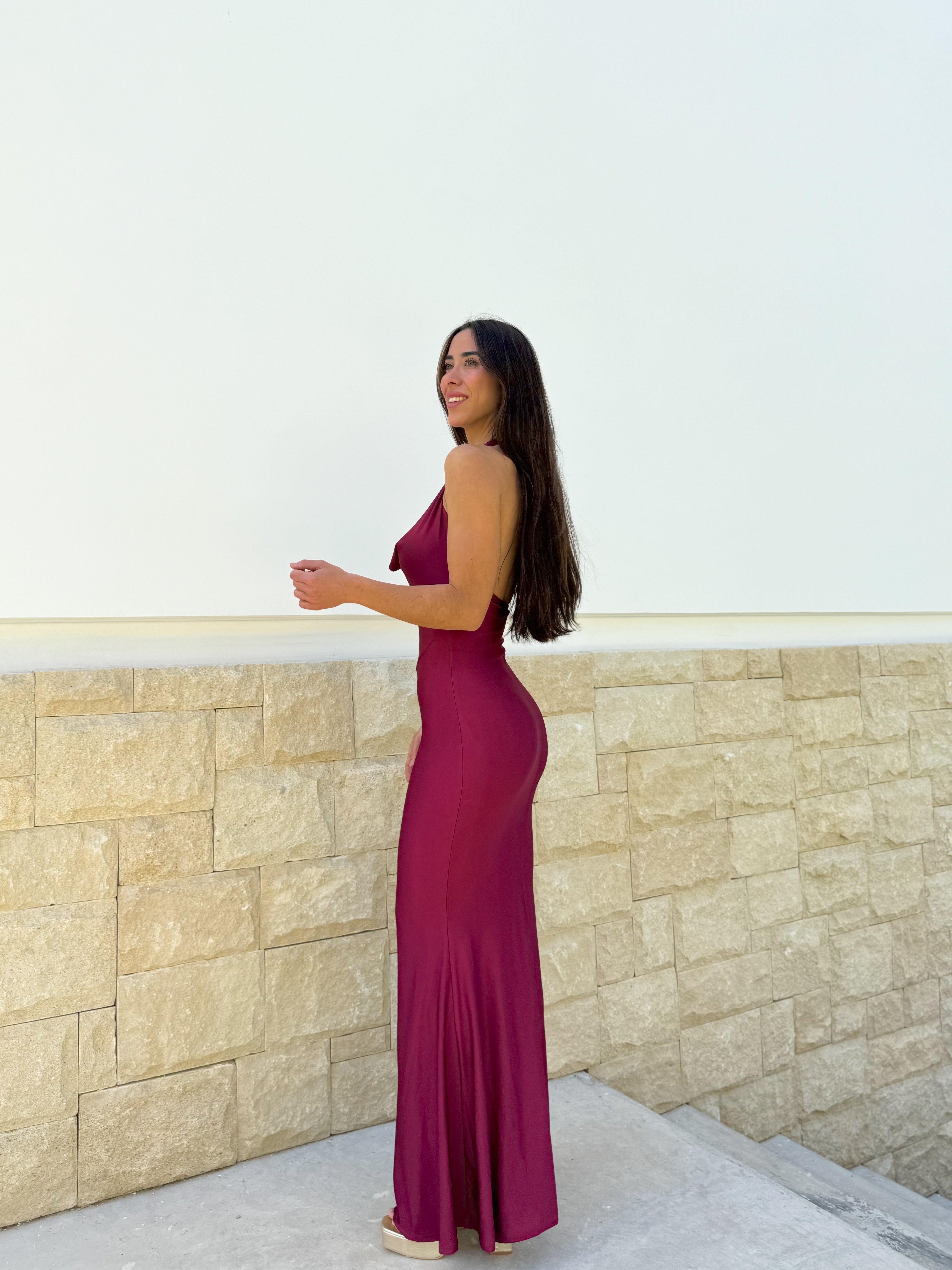 Long burgundy waterfall dress