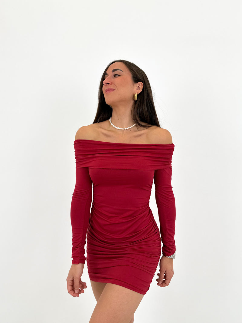 Burgundy mini bardot dress