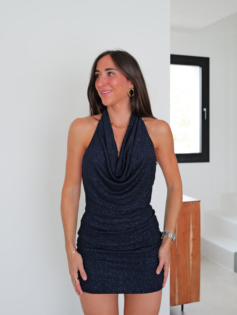 Mini lurex waterfall dress with navy sheen