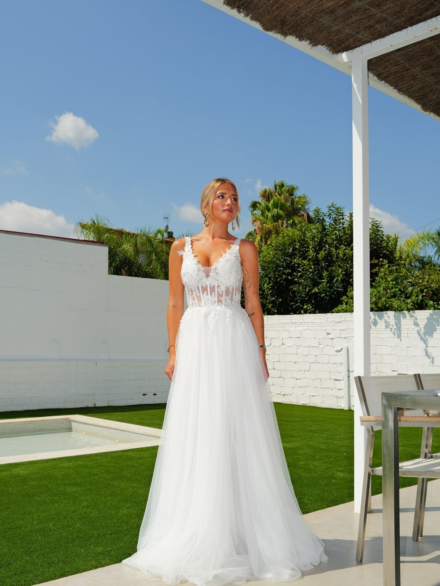 White tulle V-neck corset dress - SORELLAS