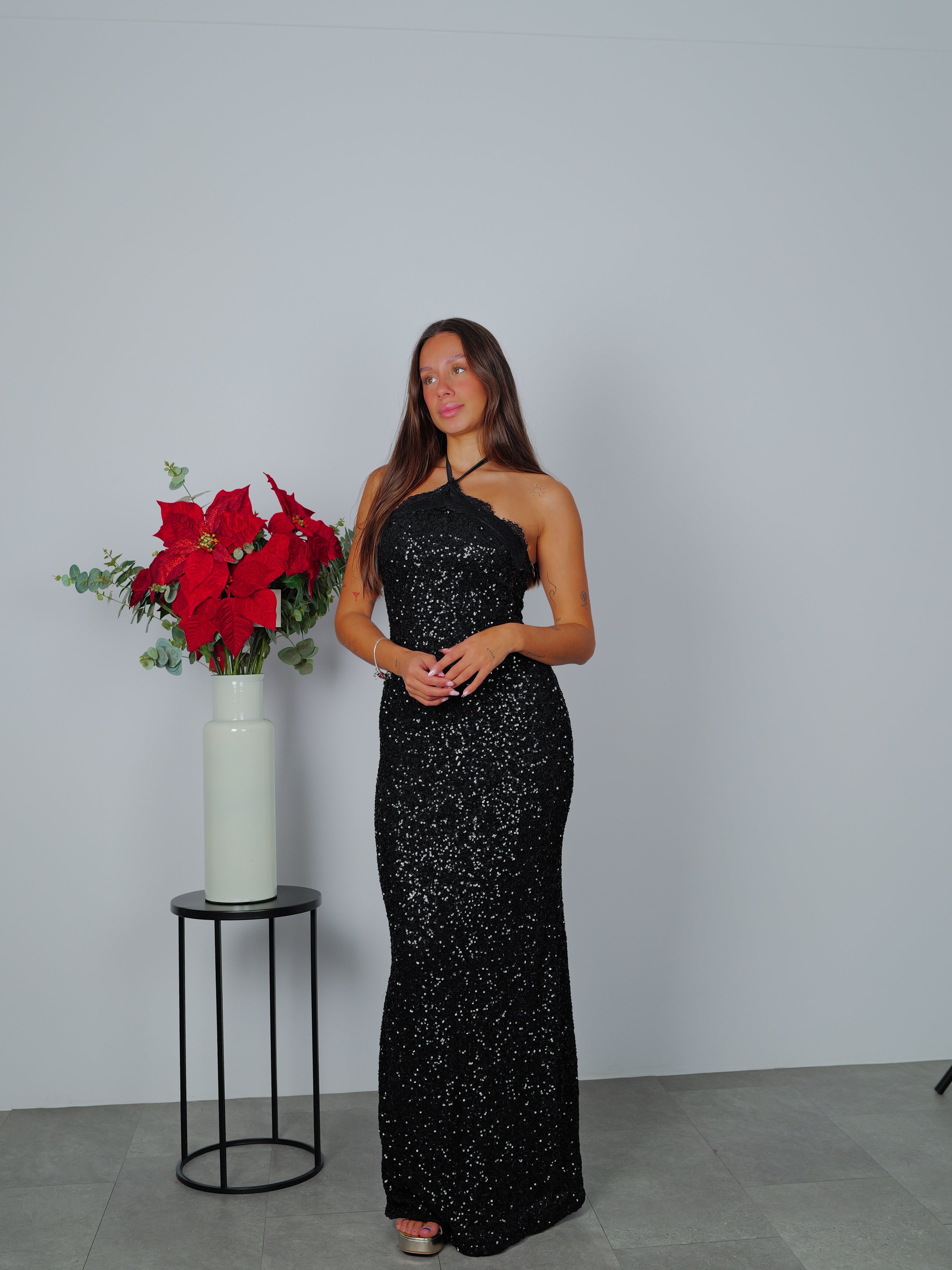 Black halter length glitter dress