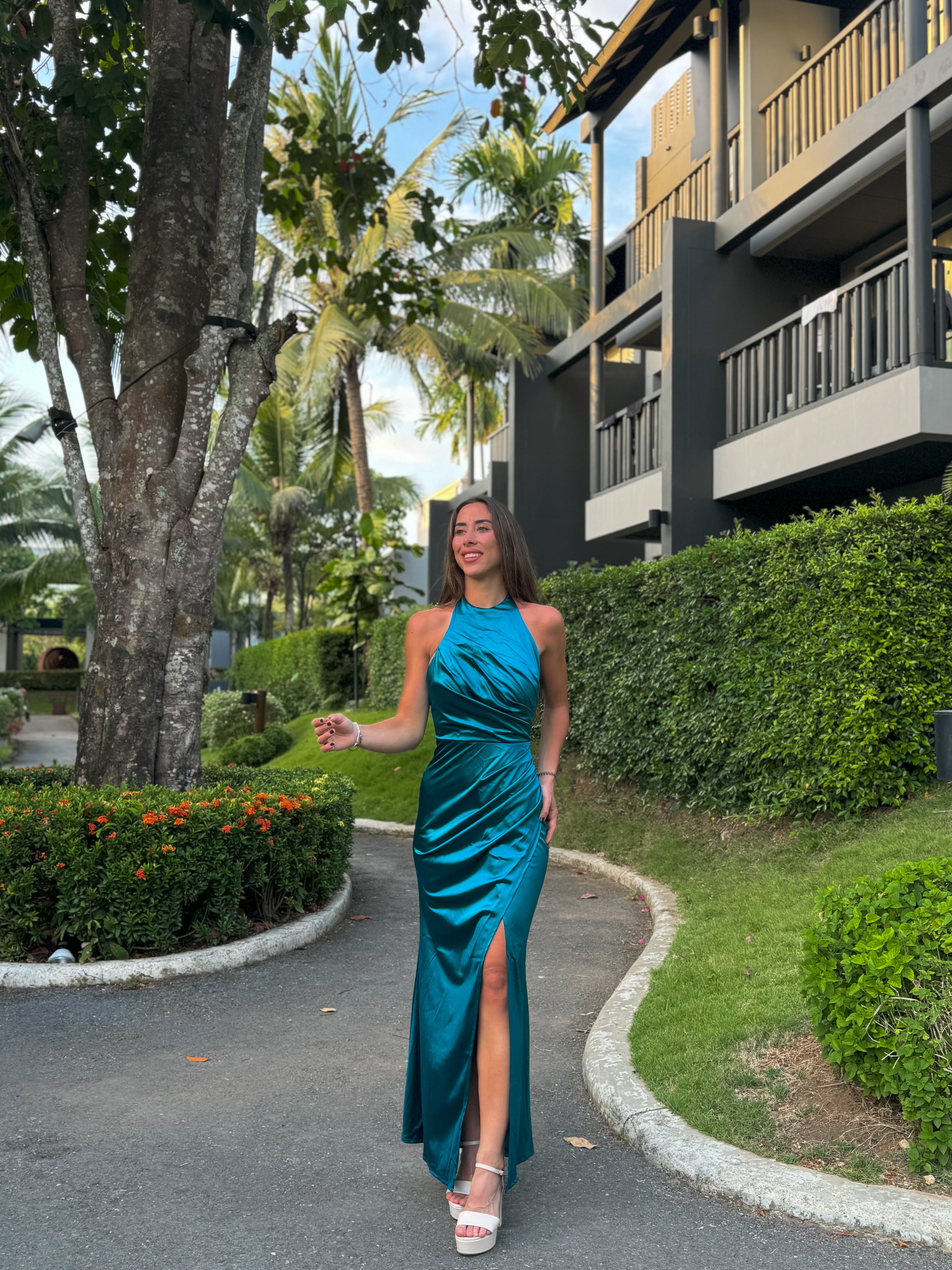 Long draped halter dress in petroleum