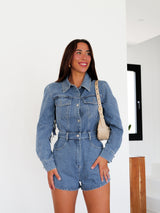 Blue denim fringed short jumpsuit