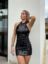 Black sequin halter dress