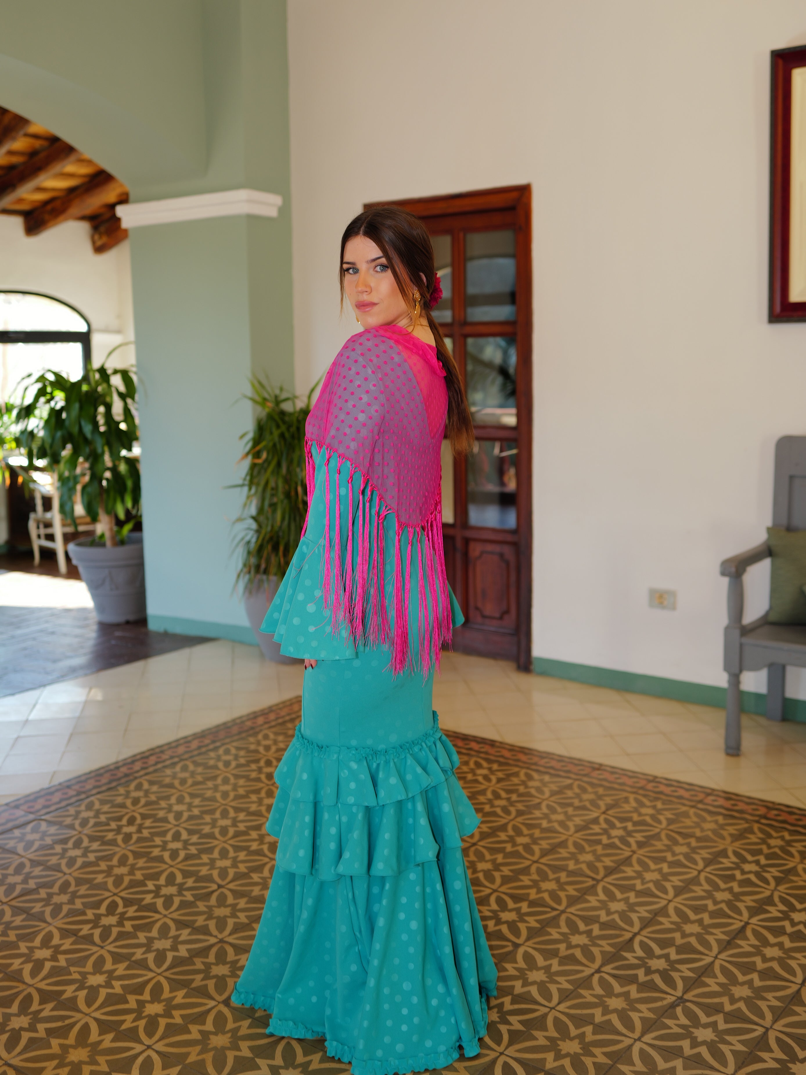 Turquoise polka dot ruffled flamenco dress
