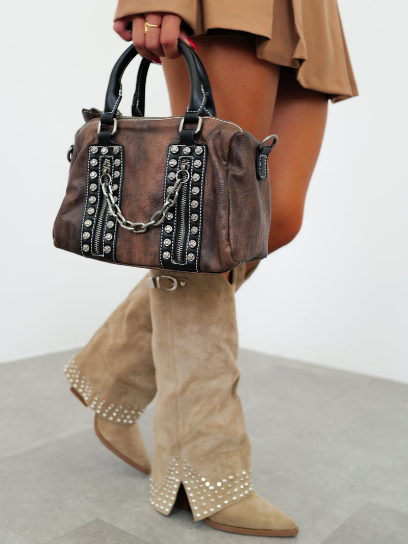 Brown vegan studded handbag