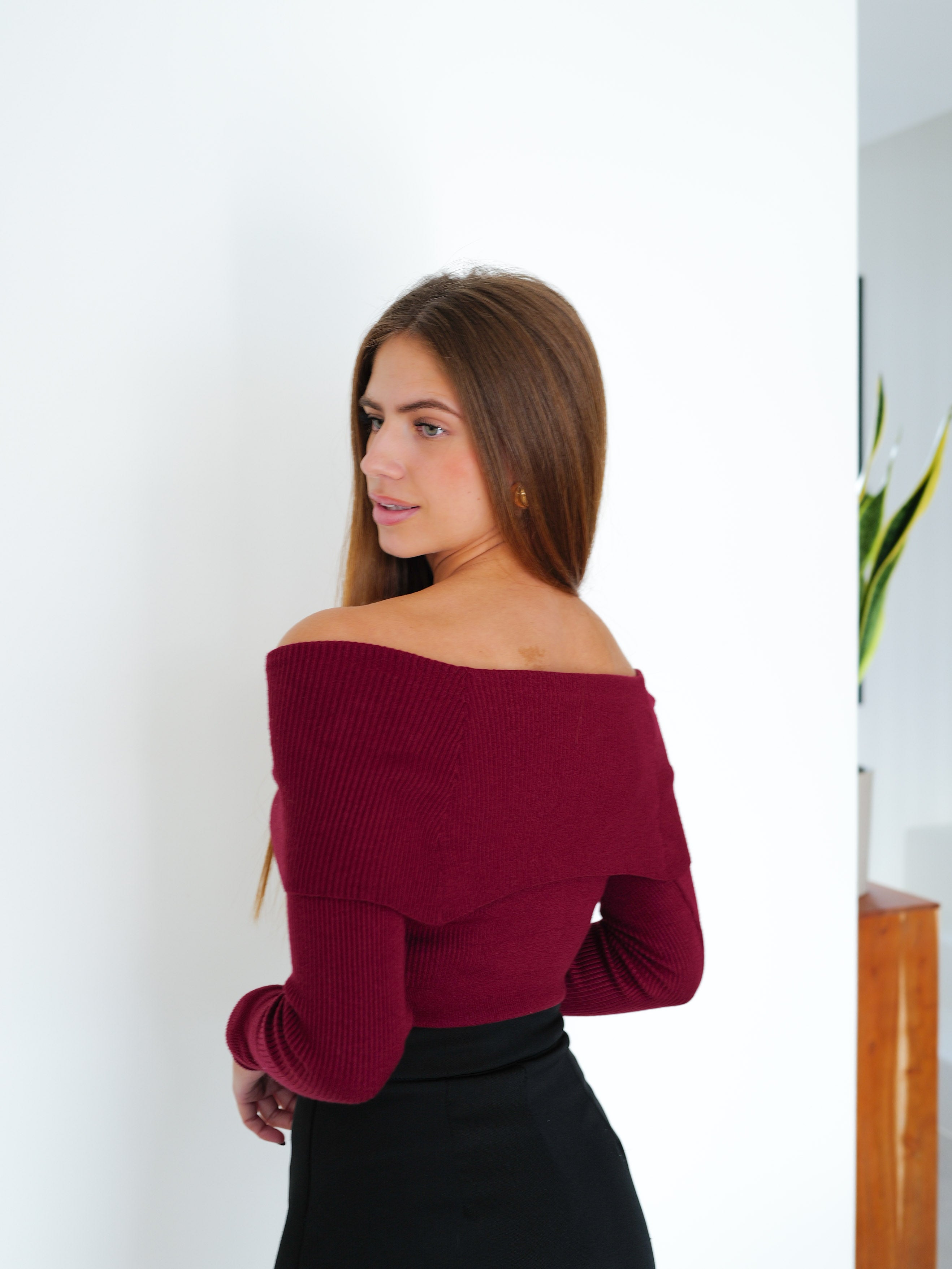 Burgundy ribbed boat sweater