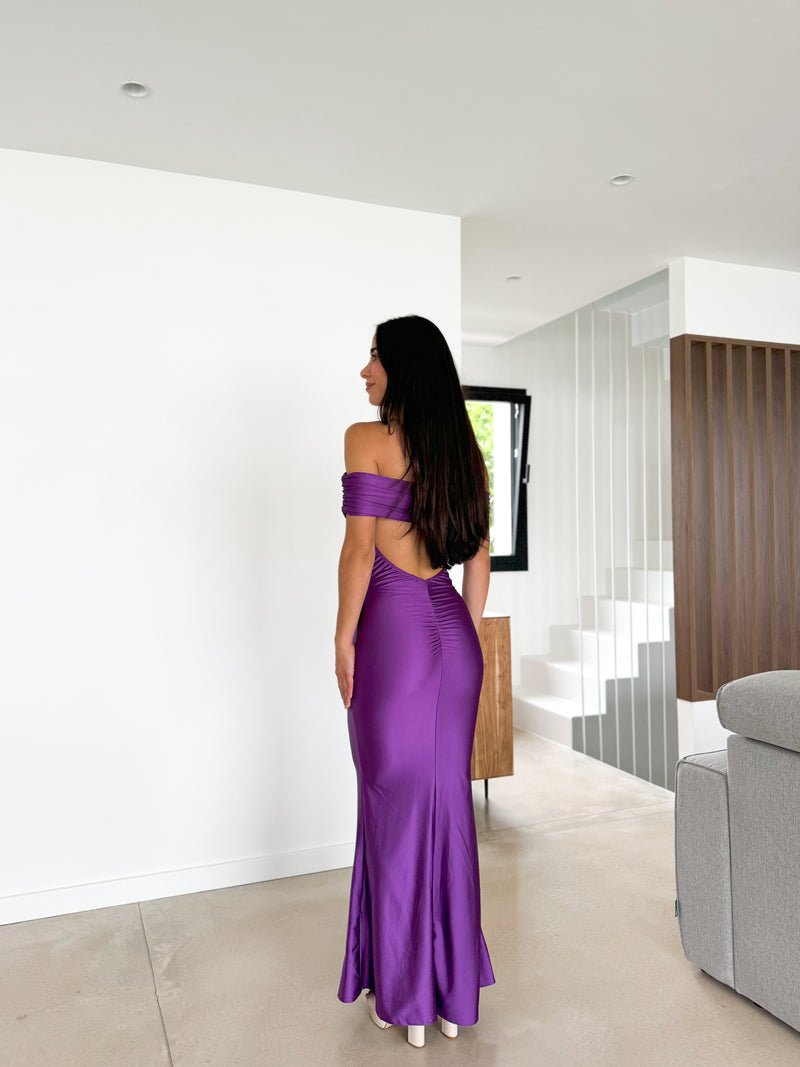 Purple satin bardot back dress